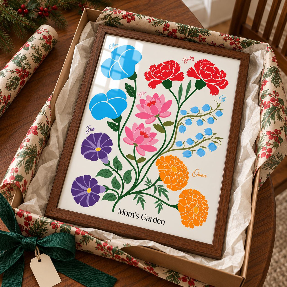 Birth flower family print in a gift box with Christmas wrapping paper
