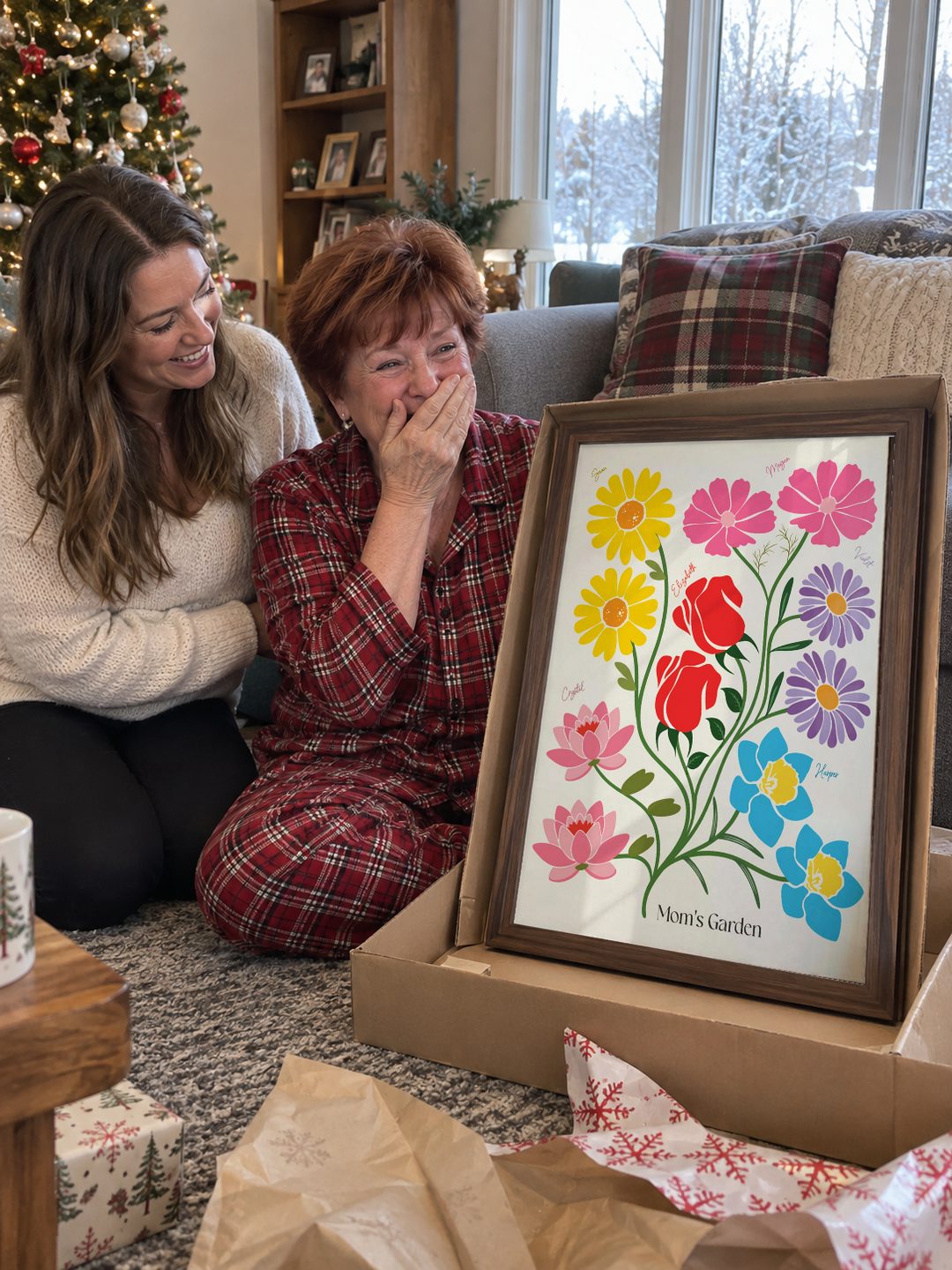 Grandma smiling after unboxing her birth flower family print