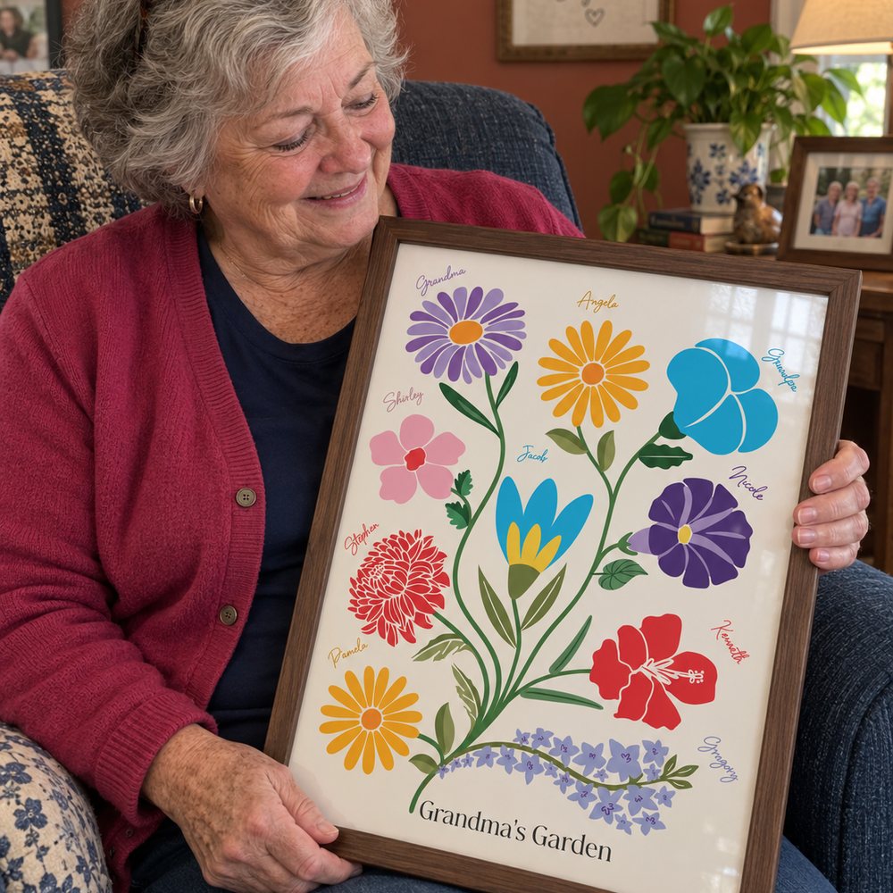 Birth flower family garden print on a wall at home