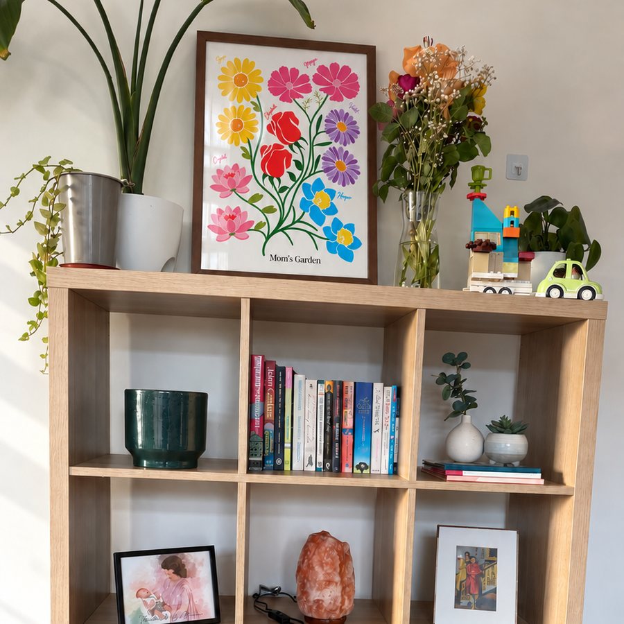 Birth flower family garden print on a wall at home