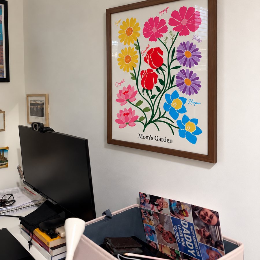 Birth flower family garden print on a wall at home