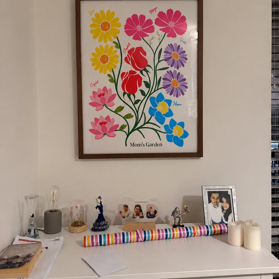 Birth flower family garden print on a wall at home
