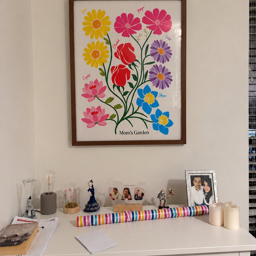 Birth flower family garden print on a wall at home