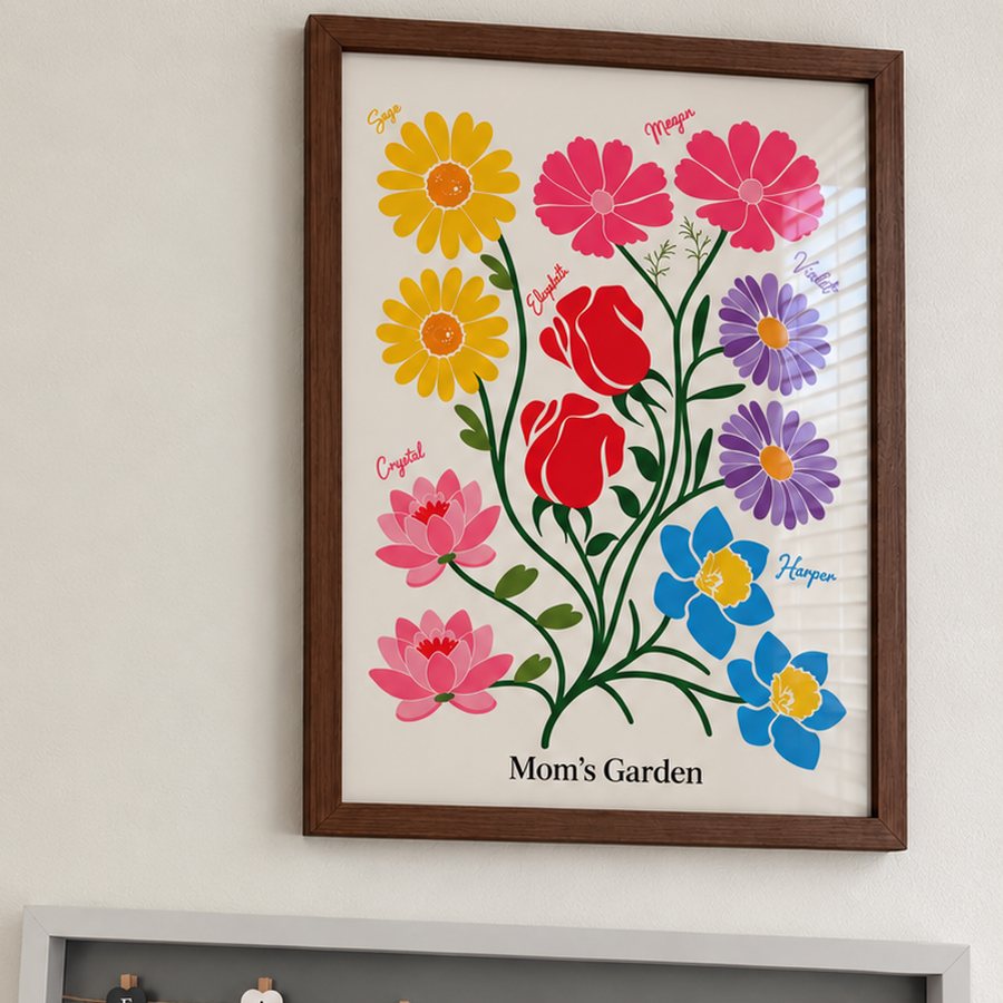 Birth flower family garden print on a wall at home