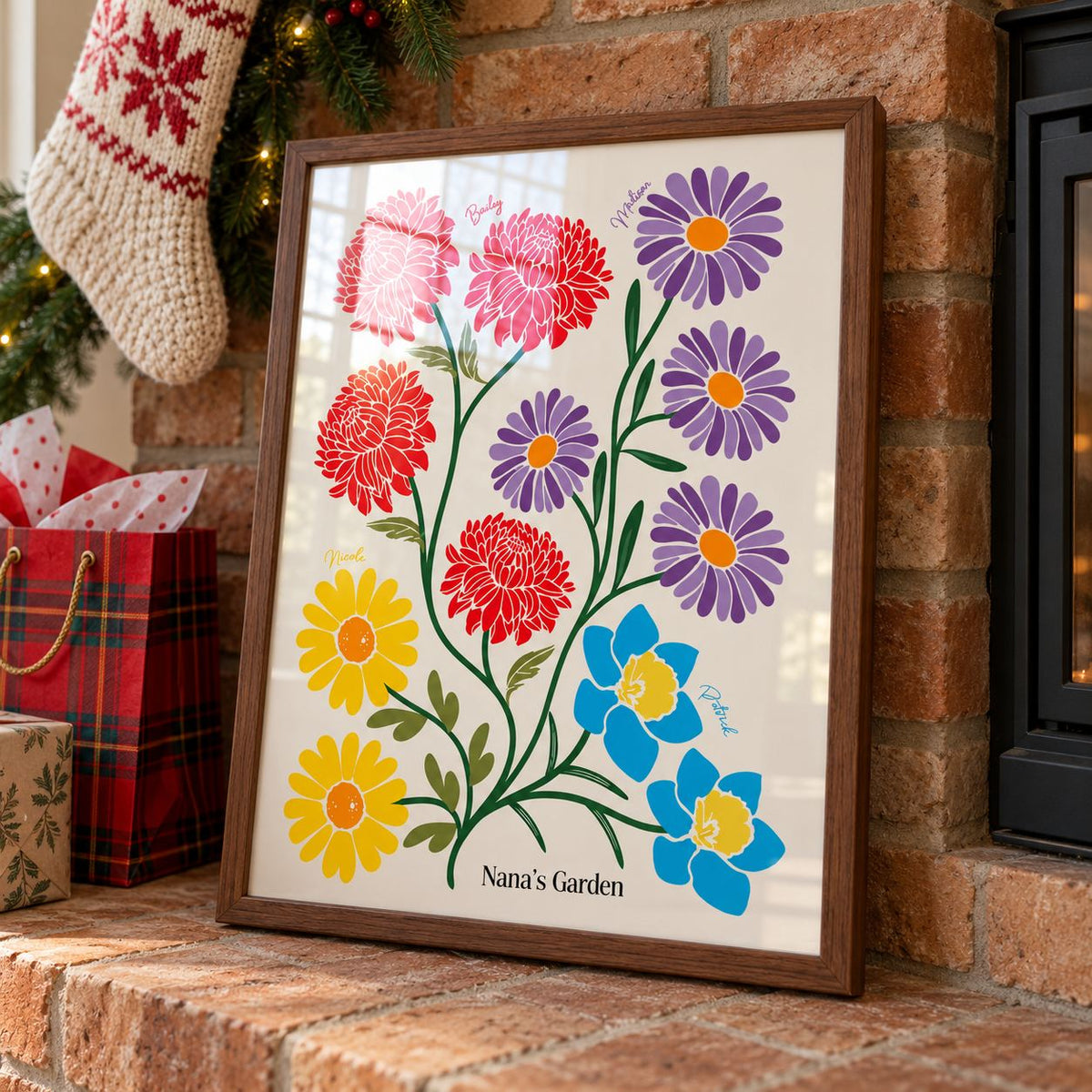 Birth flower family print by a brick fireplace with Christmas stockings