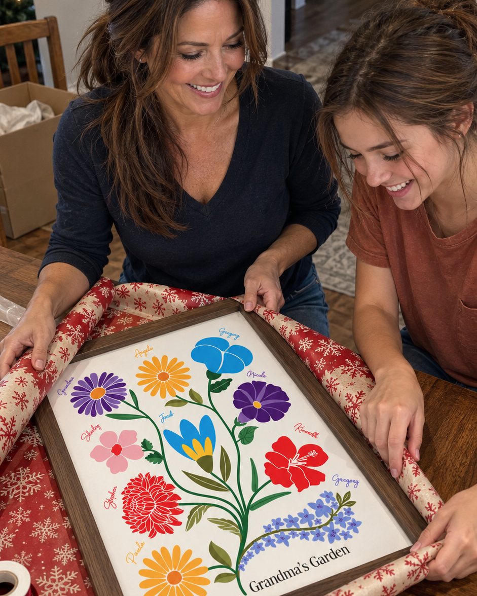 Two women wrapping a framed birth flower family print as a Christmas gift