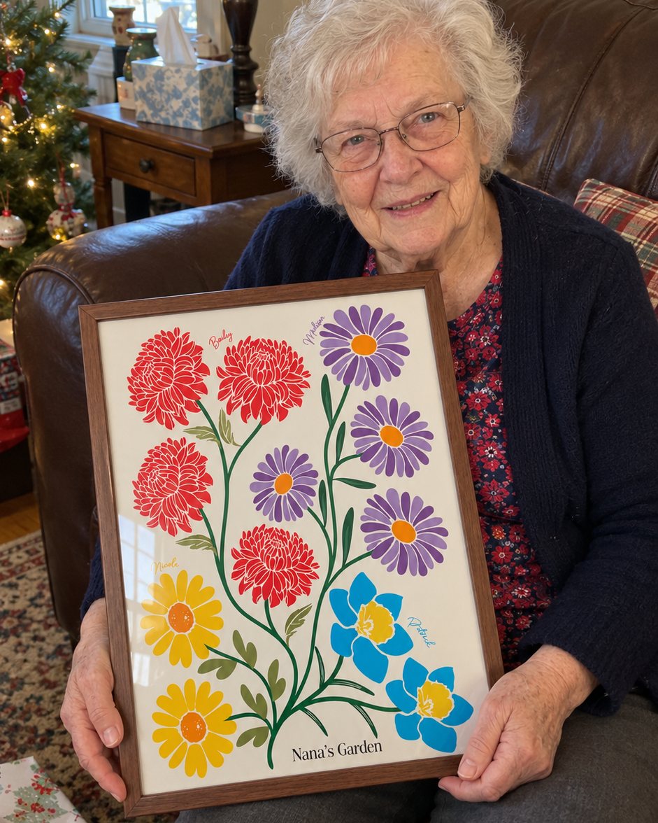 Grandma smiling and holding her family birth flower print
