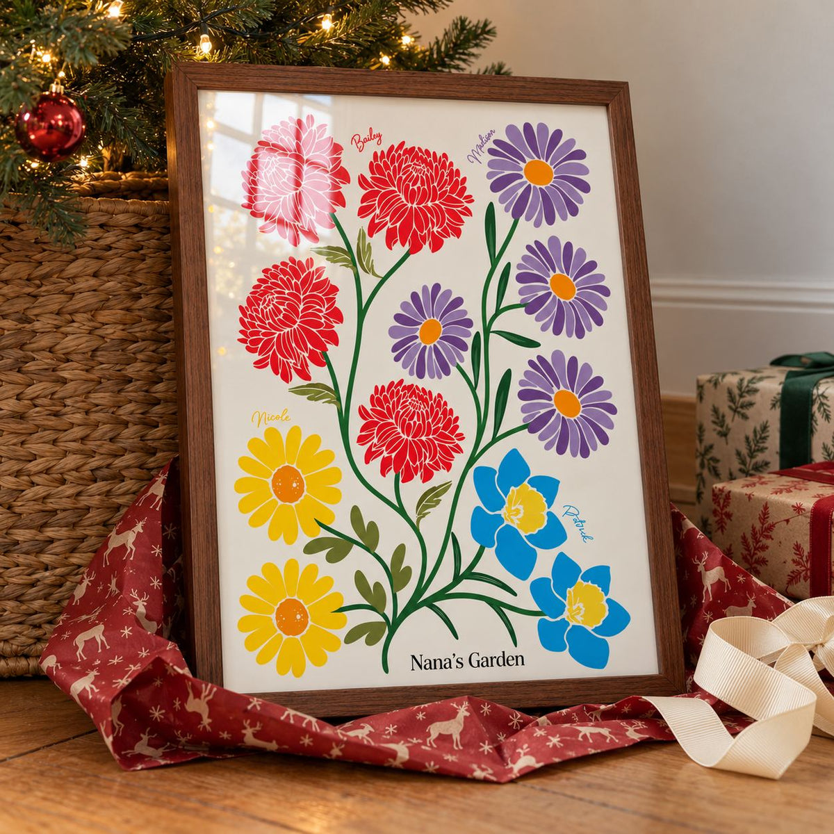 Framed family birth flower print, Nana's Garden, by a Christmas tree