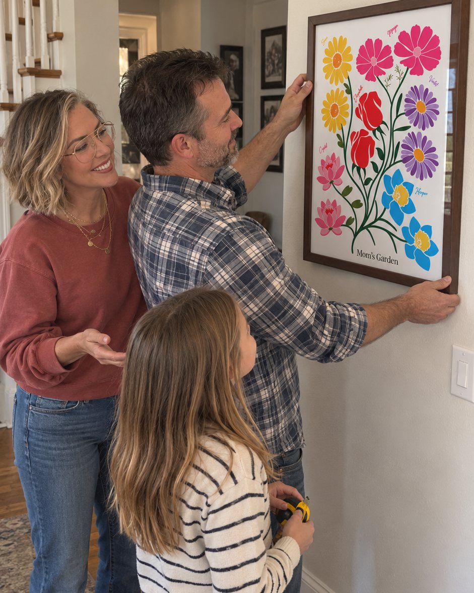 A family hanging a birth flower family print on the wall