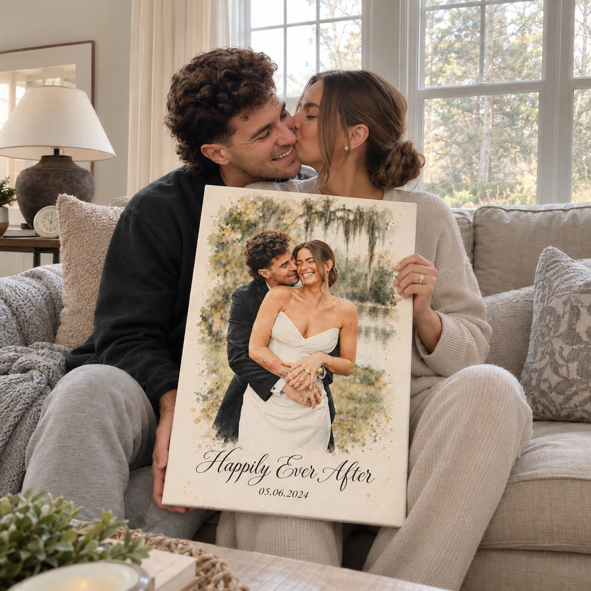 Custom couple portrait on canvas, a thoughtful choice among Xmas gifts for couples