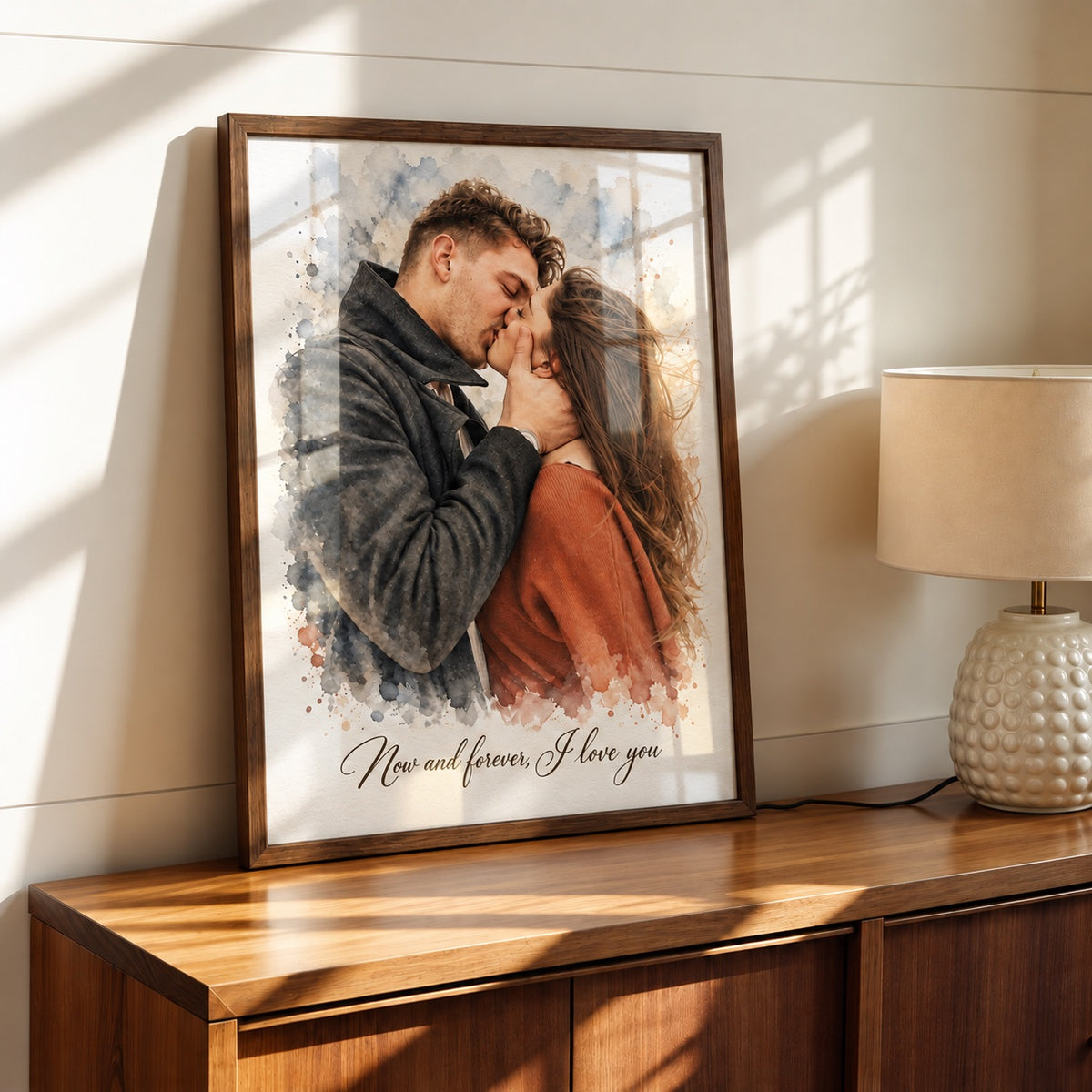Framed watercolor couple portrait 'Now and forever, I love you' on a wood dresser