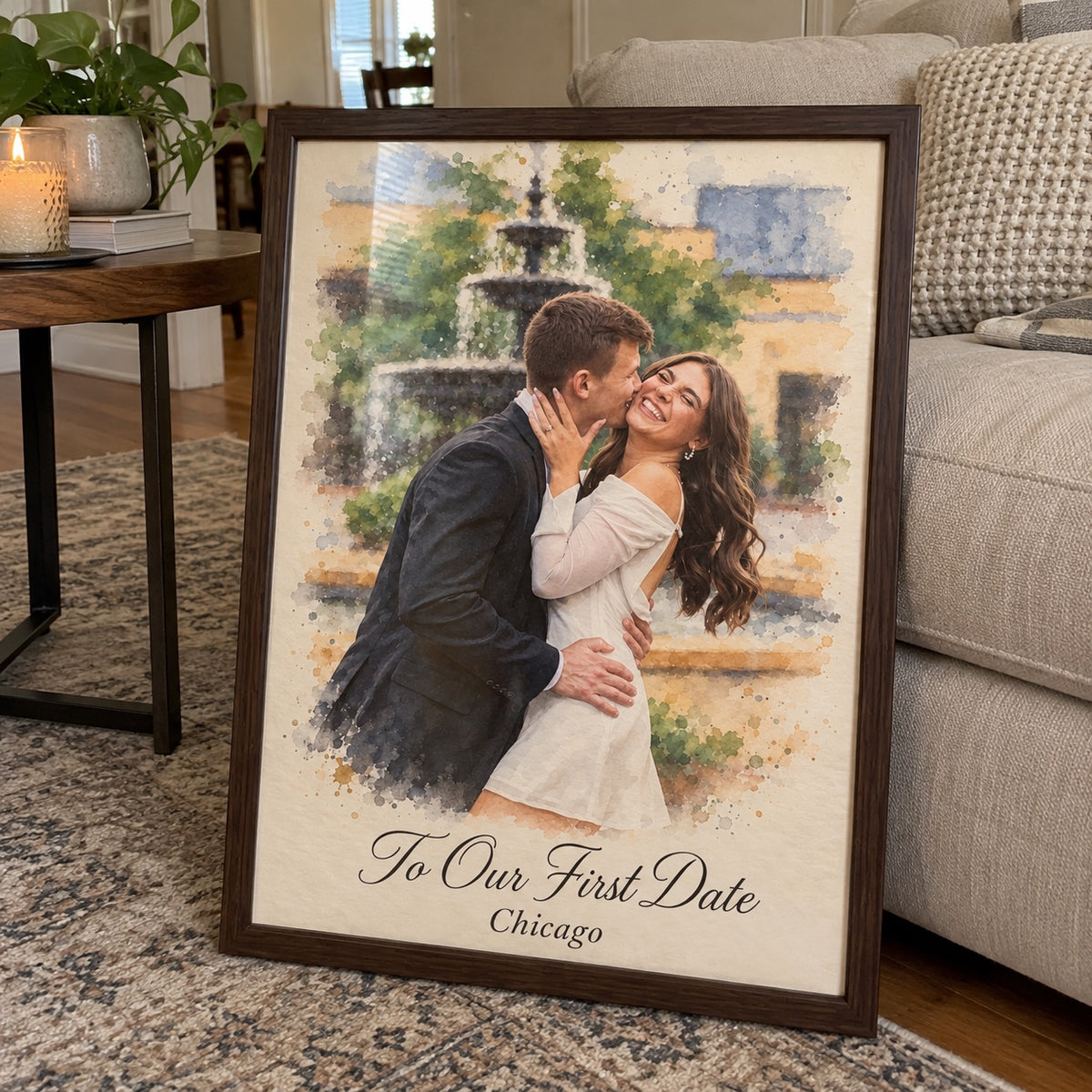 Framed couple portrait 'To Our First Date, Chicago' leaning in a living room