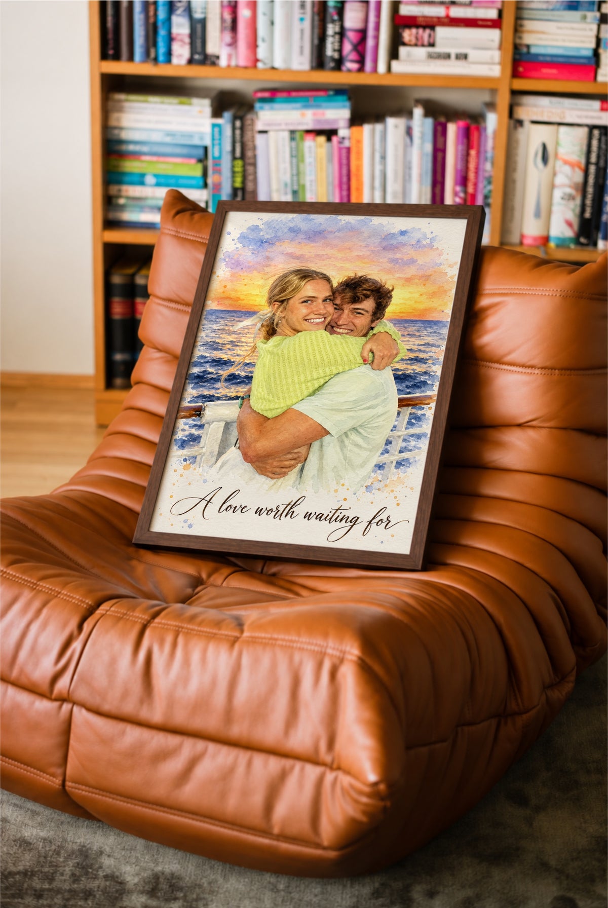 Small framed beach couple portrait 'A love worth waiting for' on a leather chair