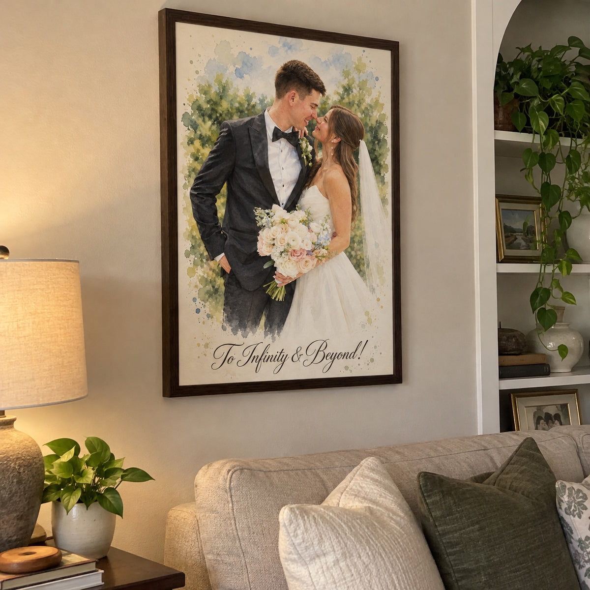 Framed wedding couple portrait 'To Infinity & Beyond' hanging on a living room wall