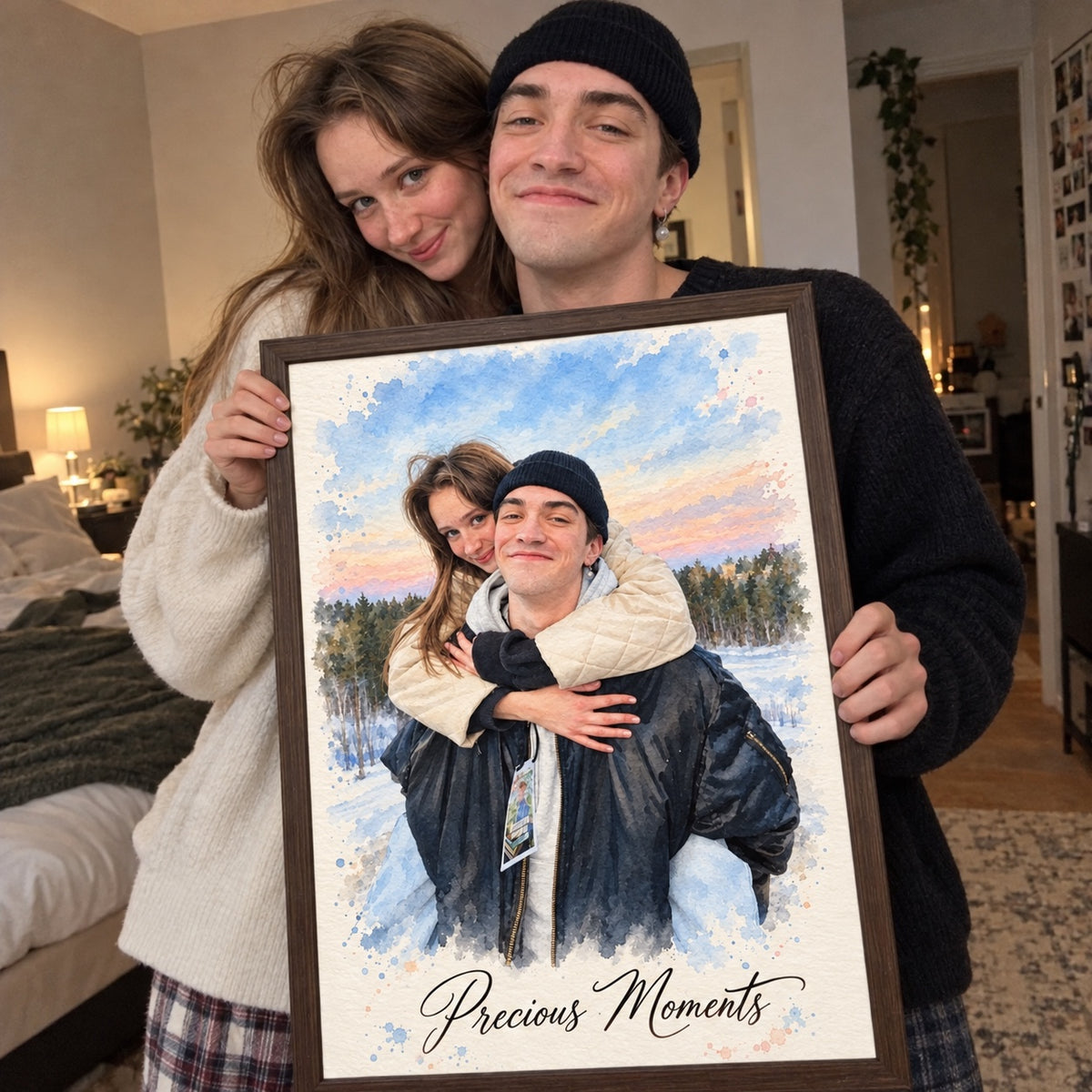 Smiling couple holding their framed winter portrait 'Precious Moments'