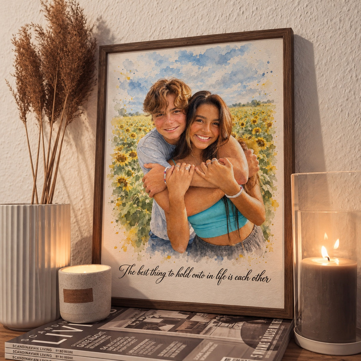 Framed sunflower field couple portrait 'The best thing to hold onto in life is each other'