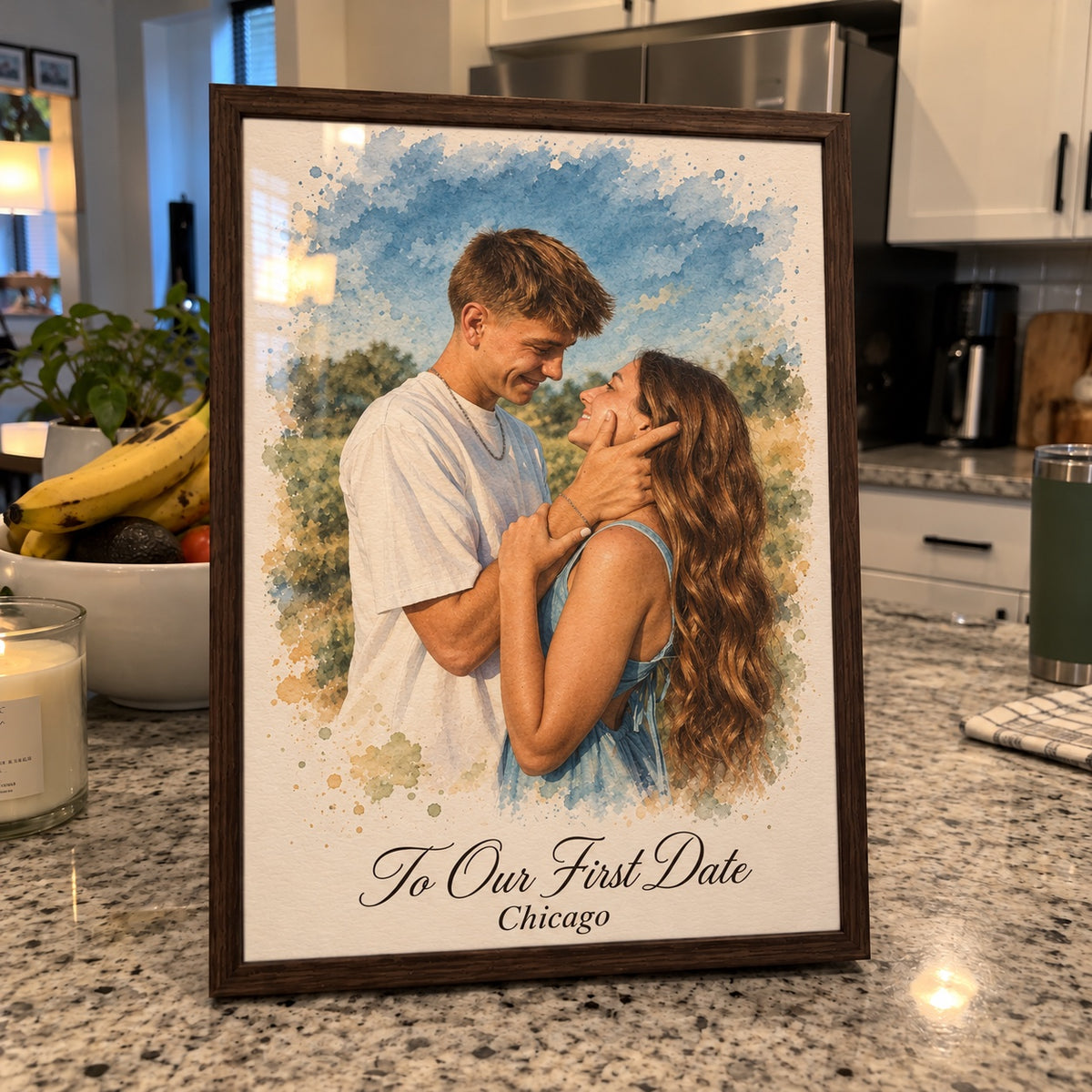 Framed couple portrait 'To Our First Date, Chicago' on a kitchen counter