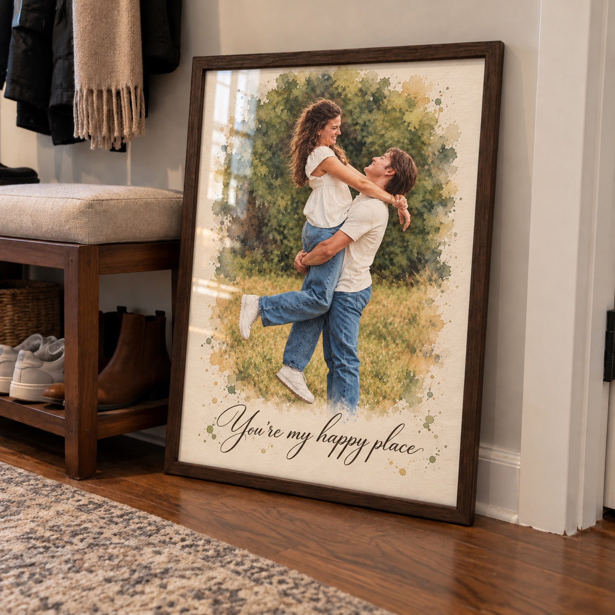 Framed couple portrait 'You're my happy place' leaning in an entryway