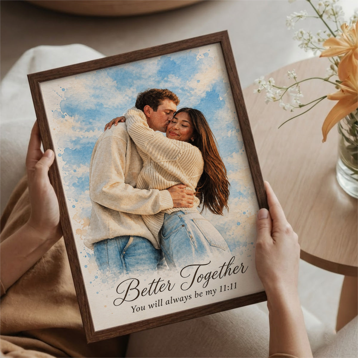 Hands holding a framed couple portrait 'Better Together'