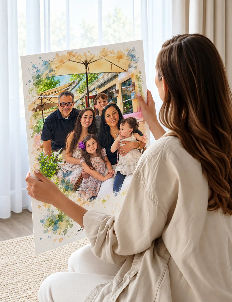 A woman looking at the poster portrait of her family in a bright room