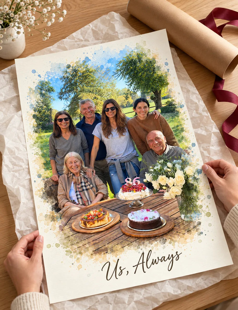 Hands hold a watercolor poster portrait of a family around a birthday cake, with gift wrap on the table.