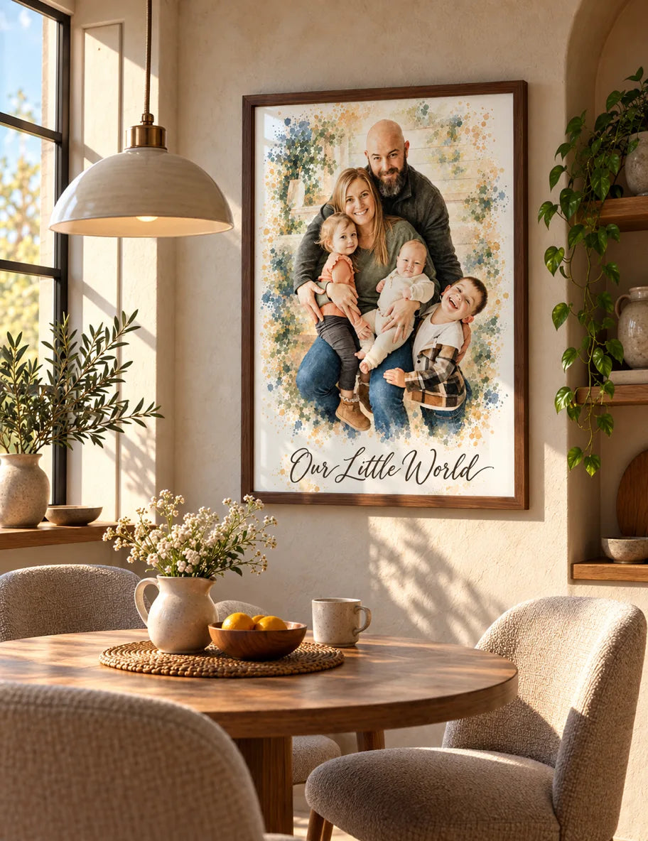 A framed watercolor portrait of parents and three kids hangs over a dining table.