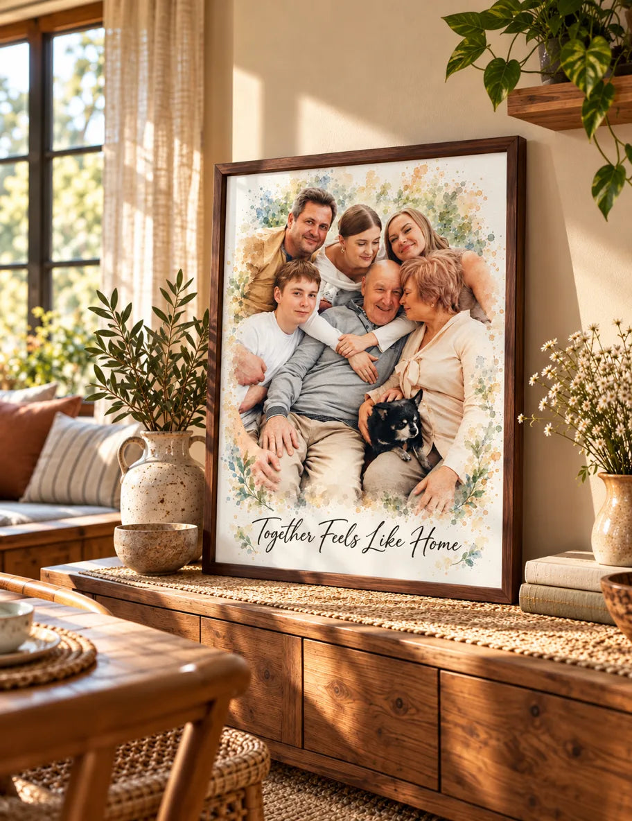 A framed watercolor portrait of three generations hugging, with the family dog
