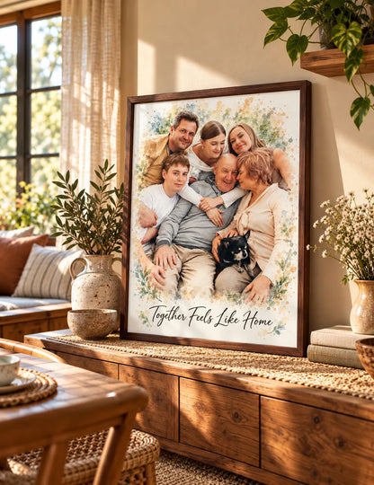 A framed watercolor portrait of three generations hugging, with a small dog, rests on a wooden credenza.