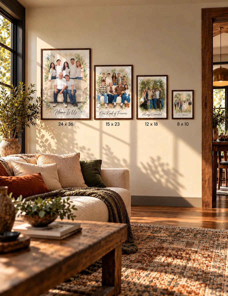 Four framed watercolor family portraits in different sizes hang on a living room wall.