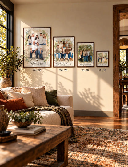Four framed watercolor family portraits in different sizes hang on a living room wall.