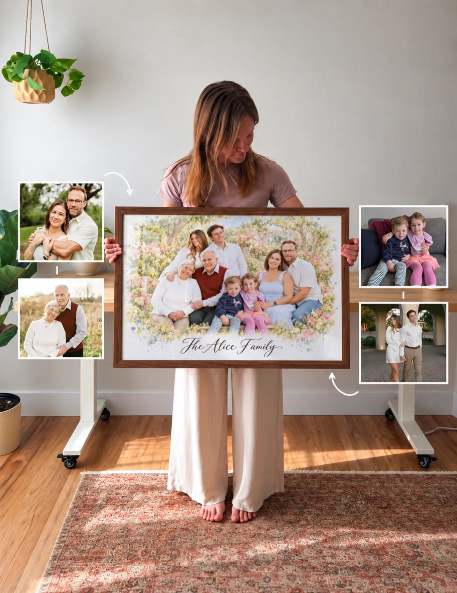 A woman holds a framed watercolor family portrait with four small photos around her.