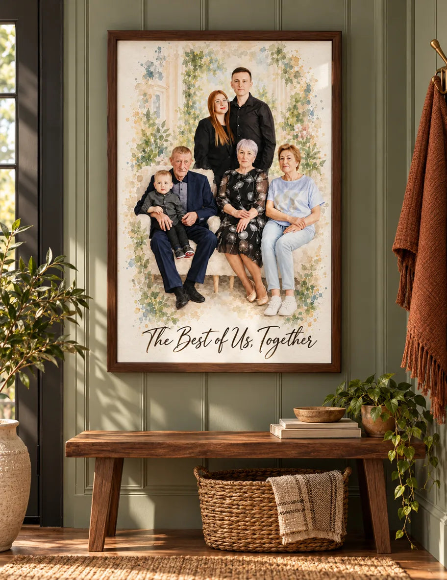 A framed watercolor portrait of grandparents, parents and a grandson hangs in a hallway.