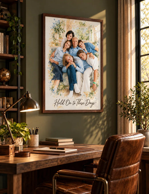 A framed watercolor family portrait of six above a wooden desk