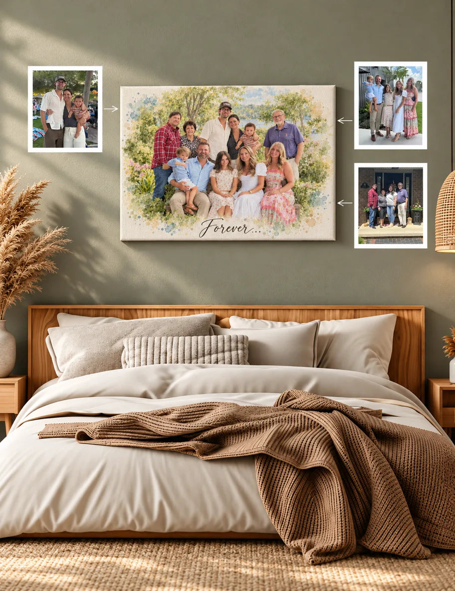 A wide canvas watercolor family portrait hangs over a bed with three small photos beside it.