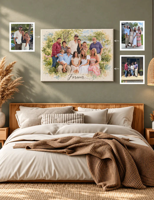 A wide canvas family portrait above a bed with small photos showing where it came from
