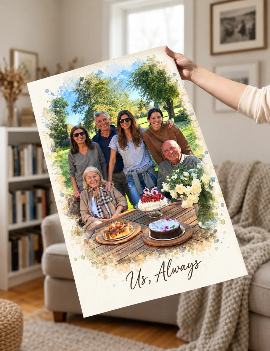 A hand holding up a poster watercolor portrait of three generations of a family around a cake
