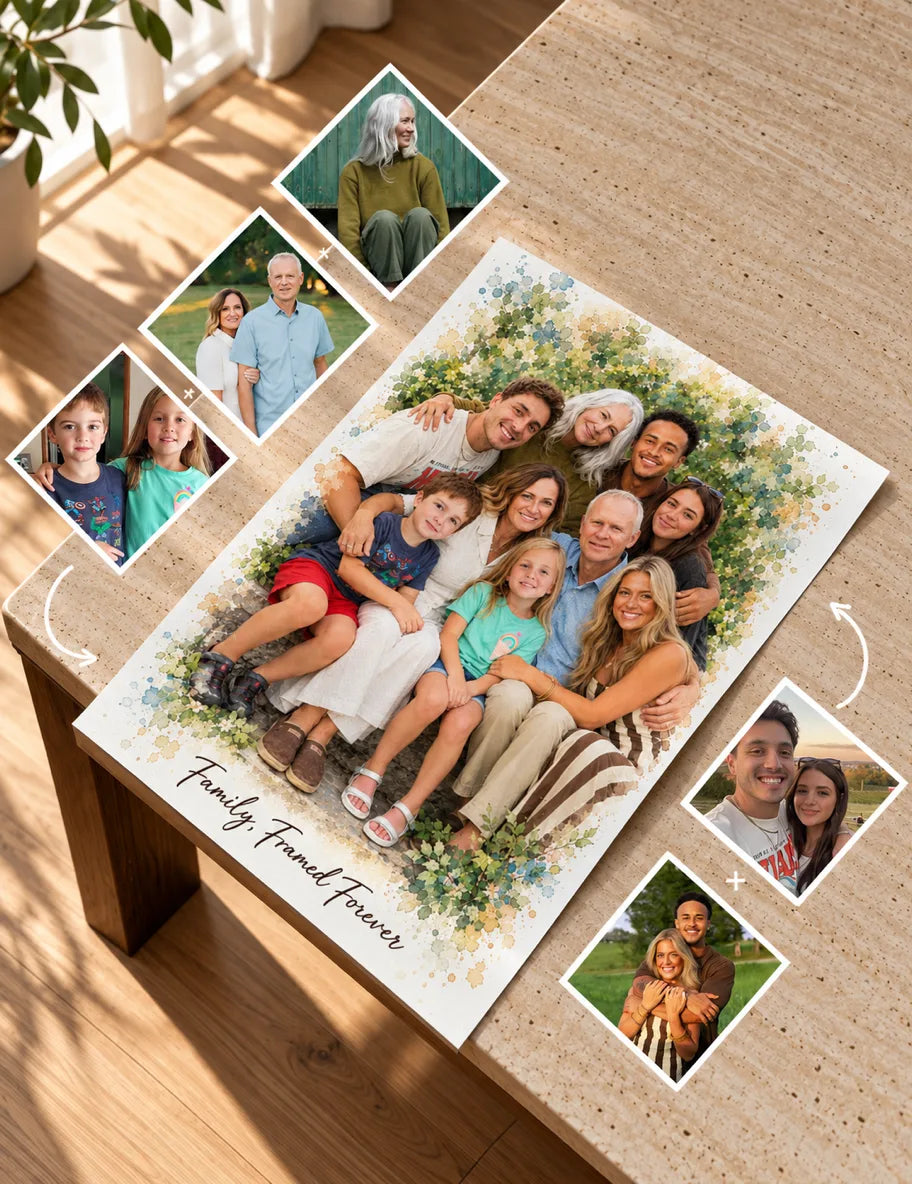 A big-family watercolor poster on a table with the small old and new photos it was made from