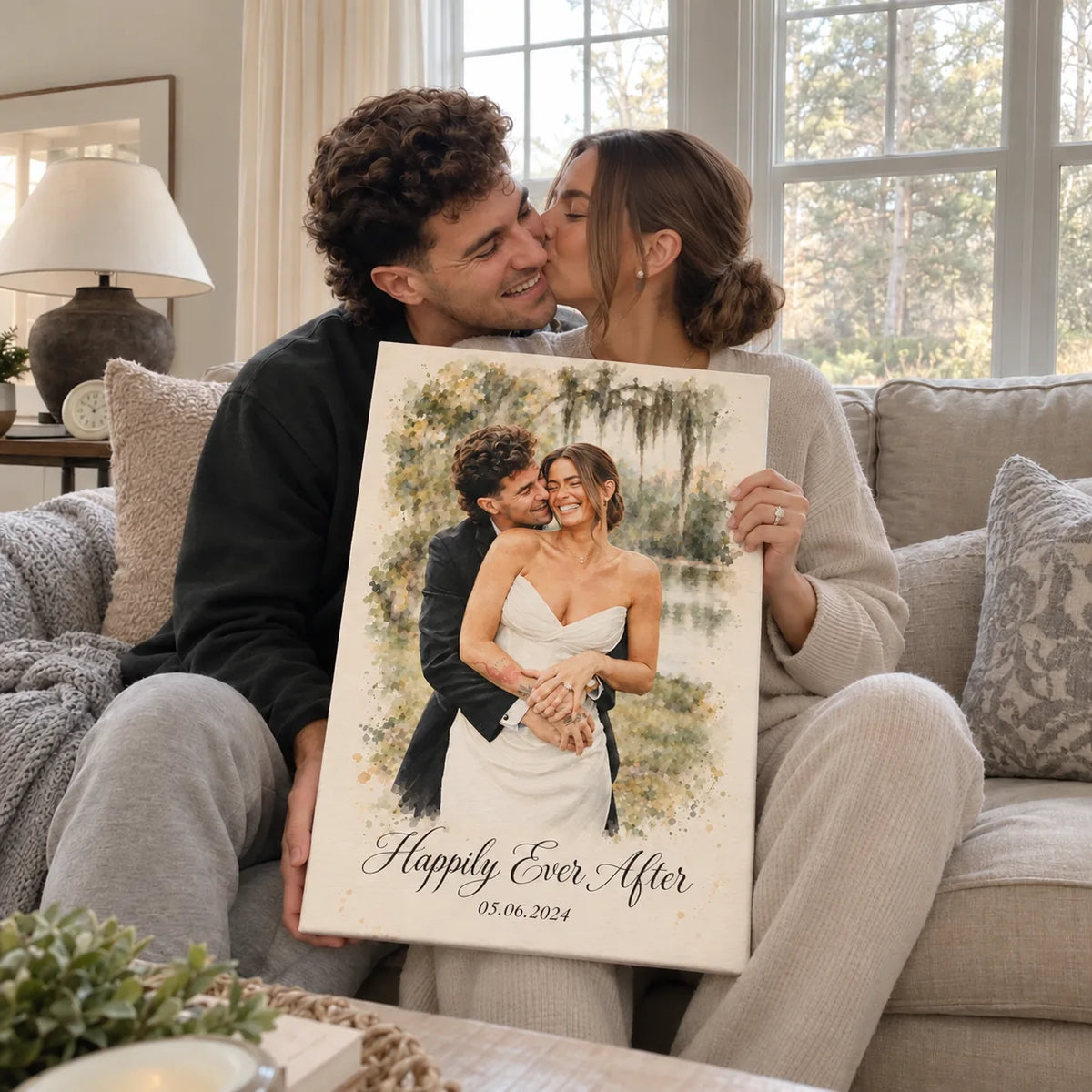 A couple kiss on a sofa while holding a canvas watercolor portrait of their wedding day.
