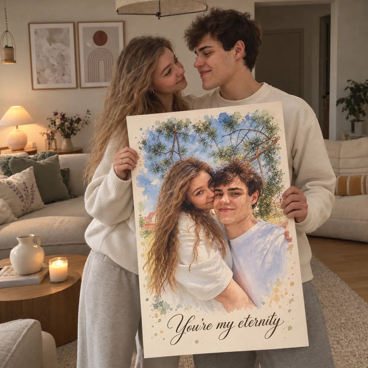 A couple lean in together while holding a large poster watercolor portrait of themselves.