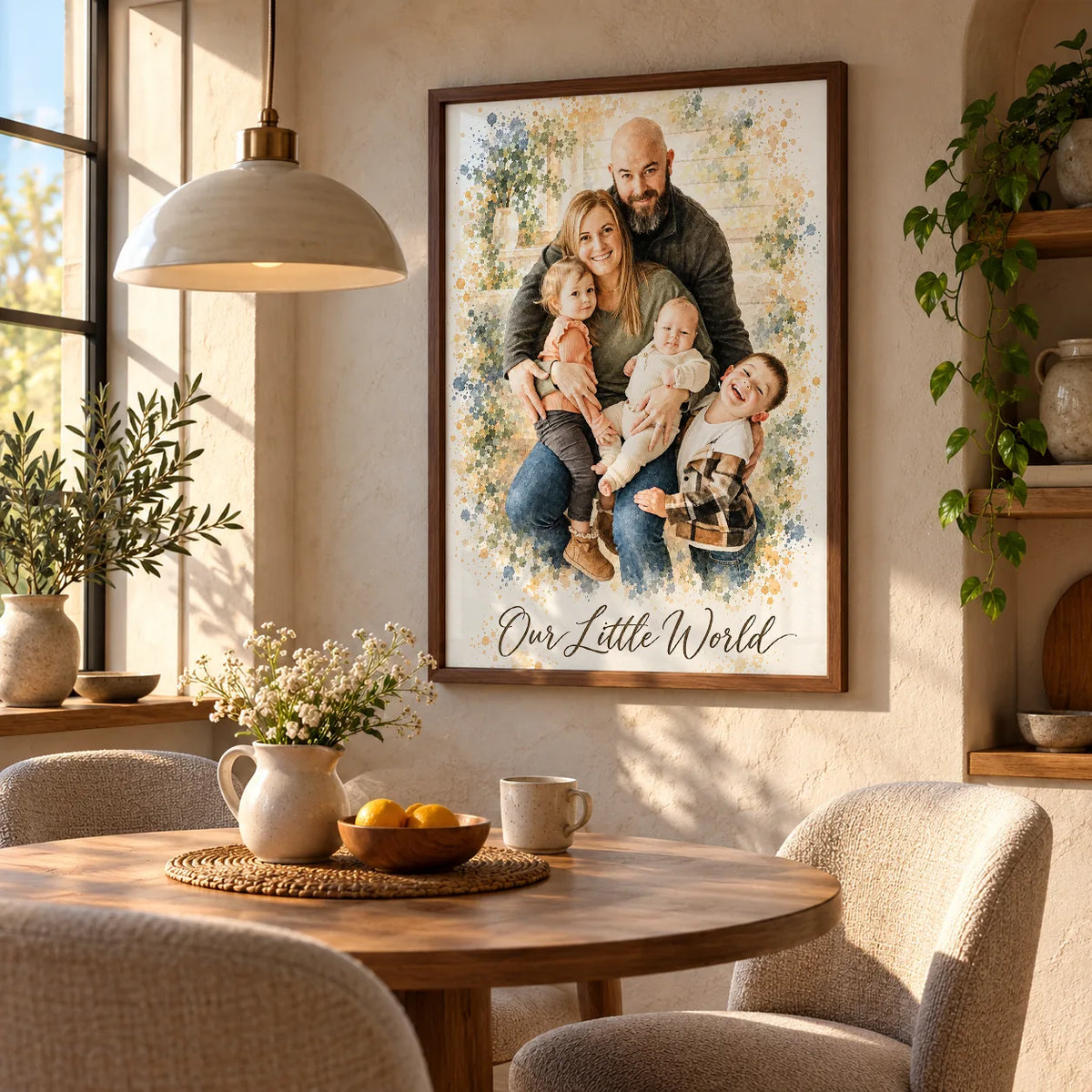 A framed watercolor portrait of two parents and three children over a kitchen table