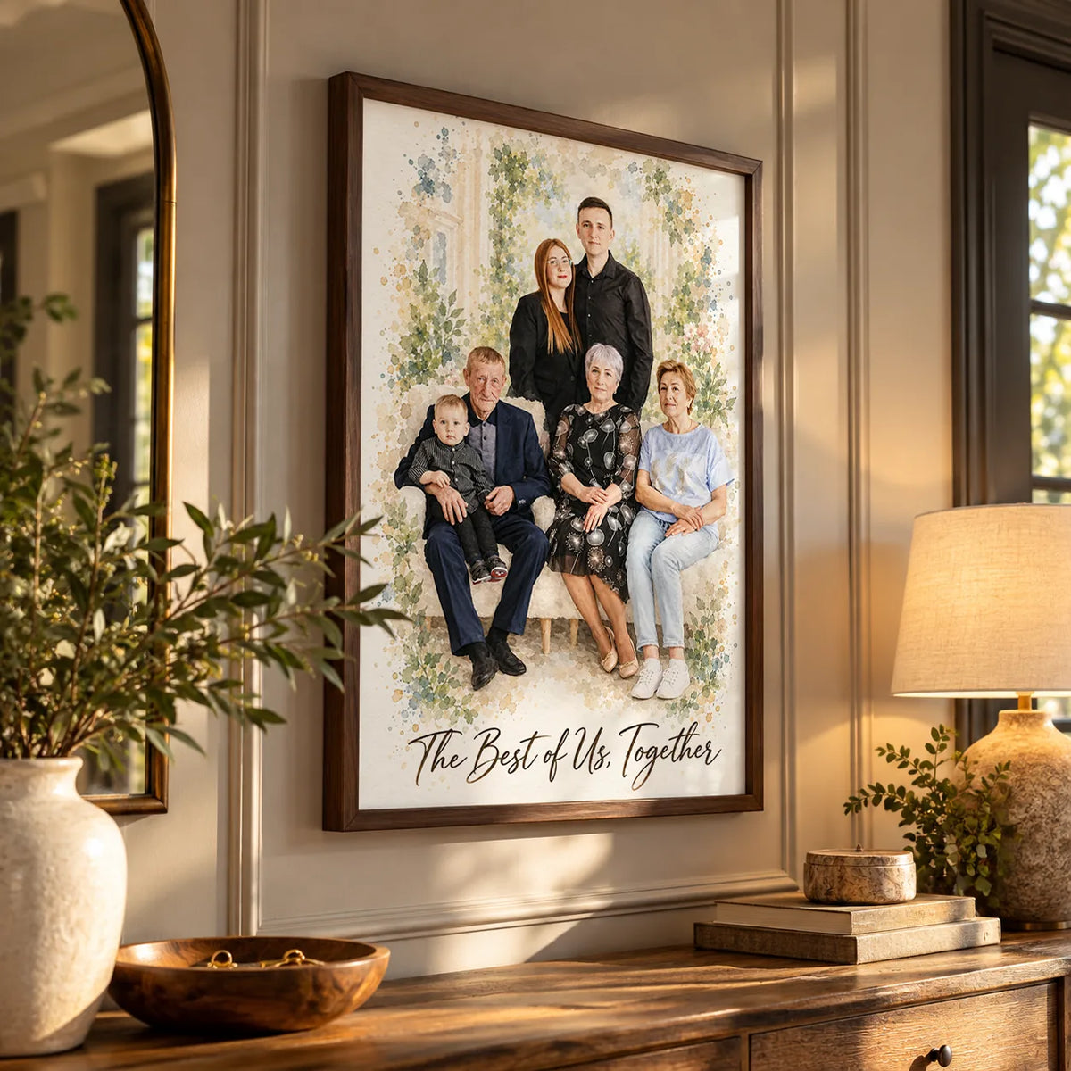 A framed watercolor portrait of grandparents, parents and grandchildren on a wall