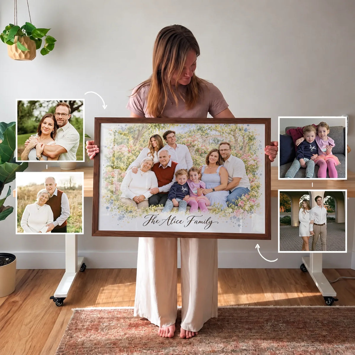 A woman holding her framed family portrait with four small snapshots around her that it was made from