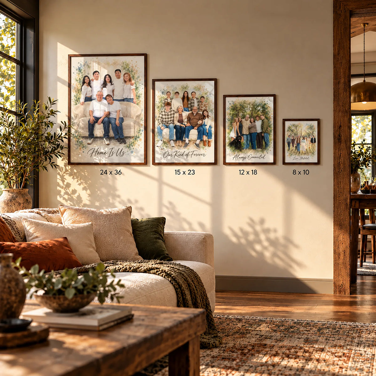 A family portrait in a wood frame on a Christmas mantel