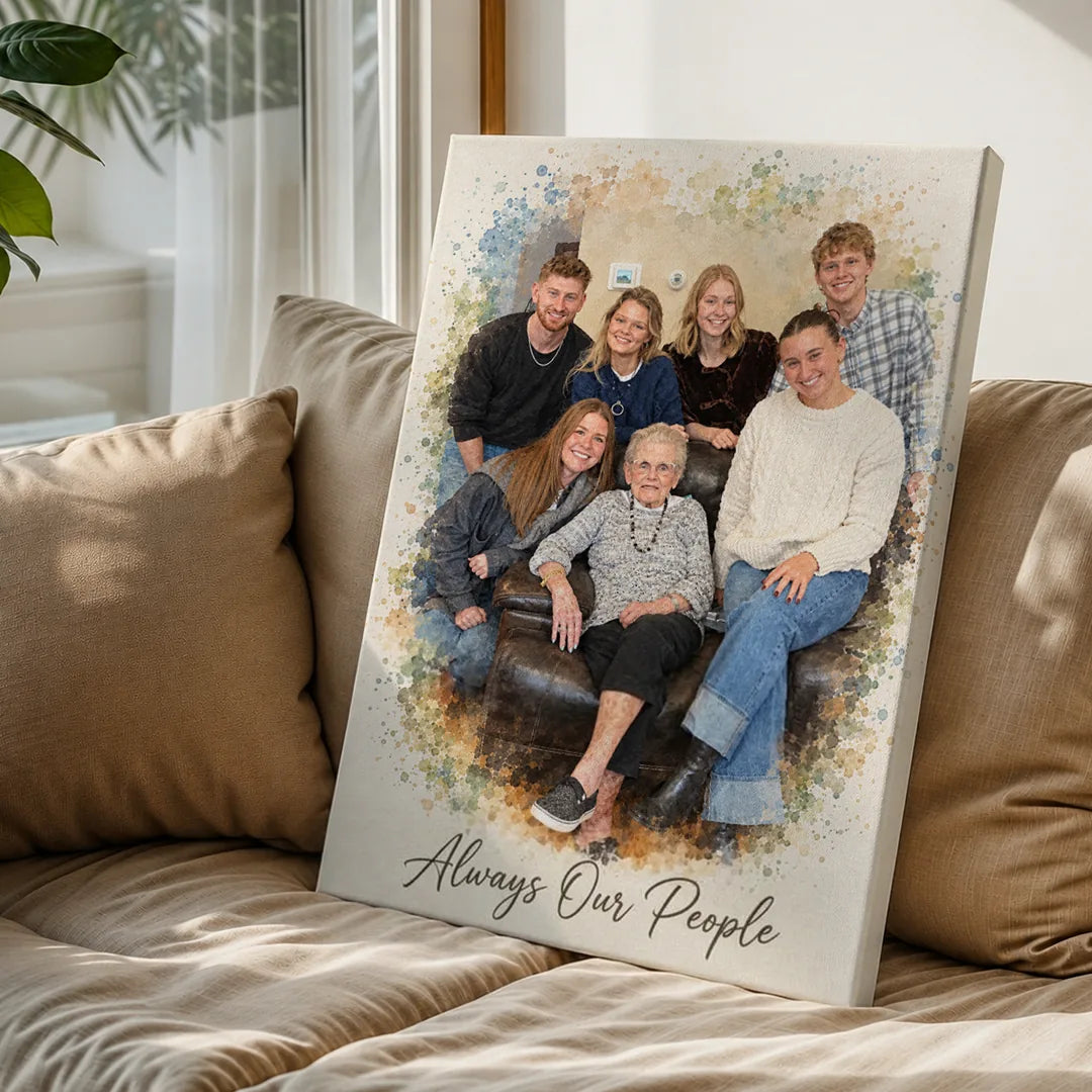 A canvas watercolor portrait of a grandmother with her grown grandchildren on a leather sofa