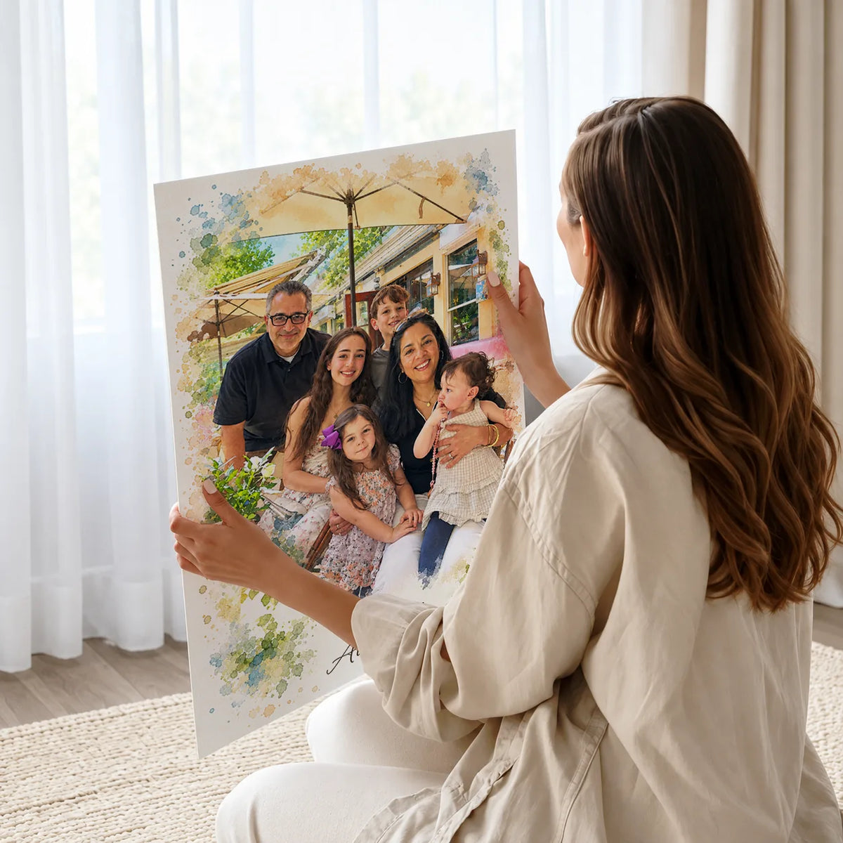 A woman looking at the poster portrait of her family in a bright room