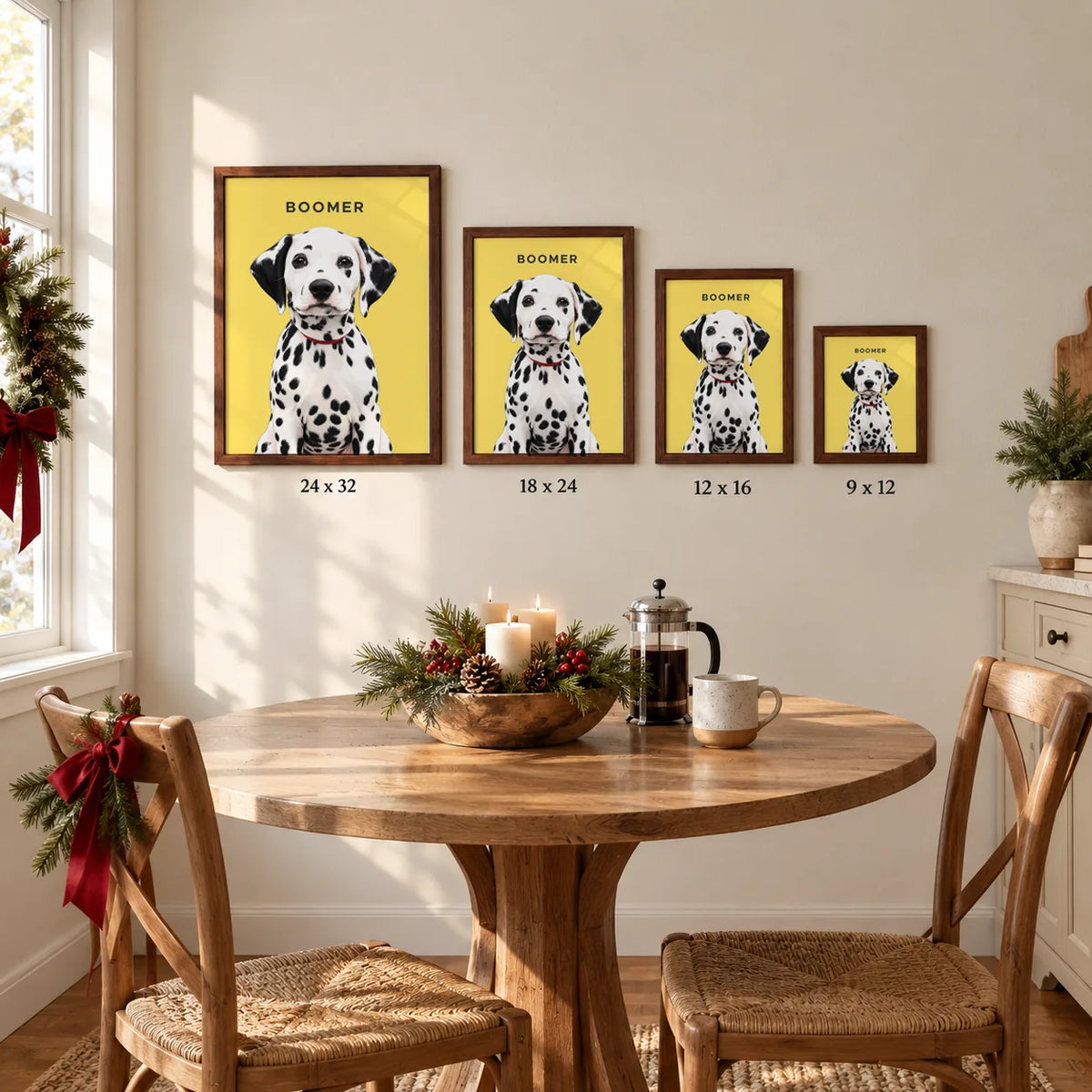 Four brown framed Dalmatian portraits in different sizes hang on a wall above a table with Christmas greens.