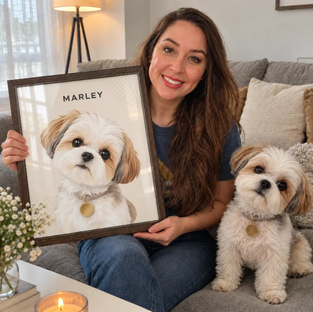 A smiling woman on a sofa holds a framed portrait of her small white and tan dog while the real dog sits beside her.