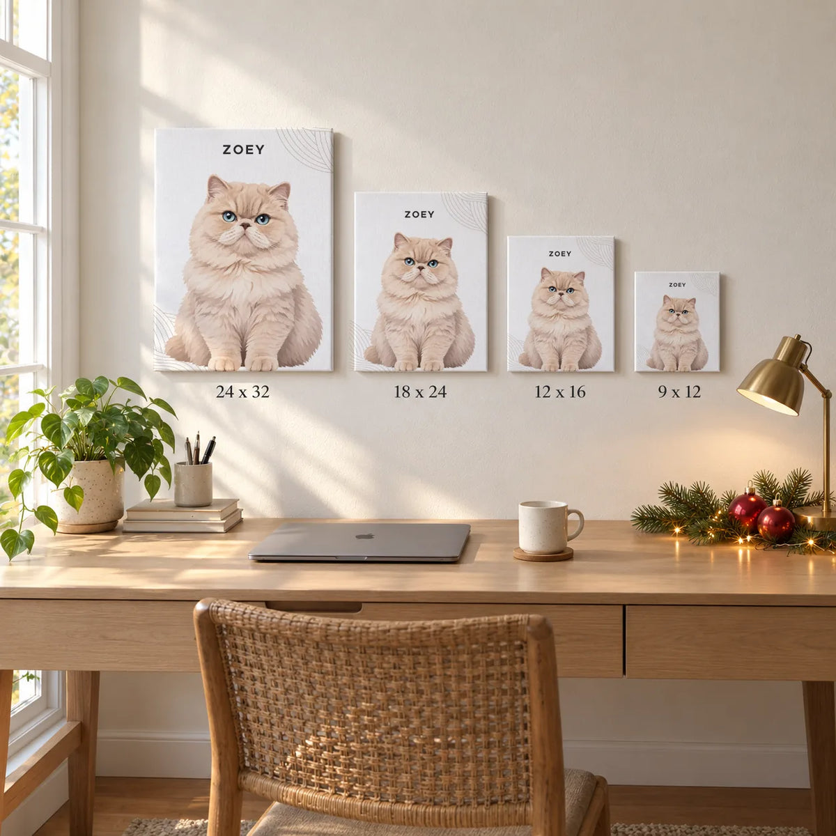 Four canvas portraits of a fluffy cream cat in different sizes hang above a desk with small holiday lights.