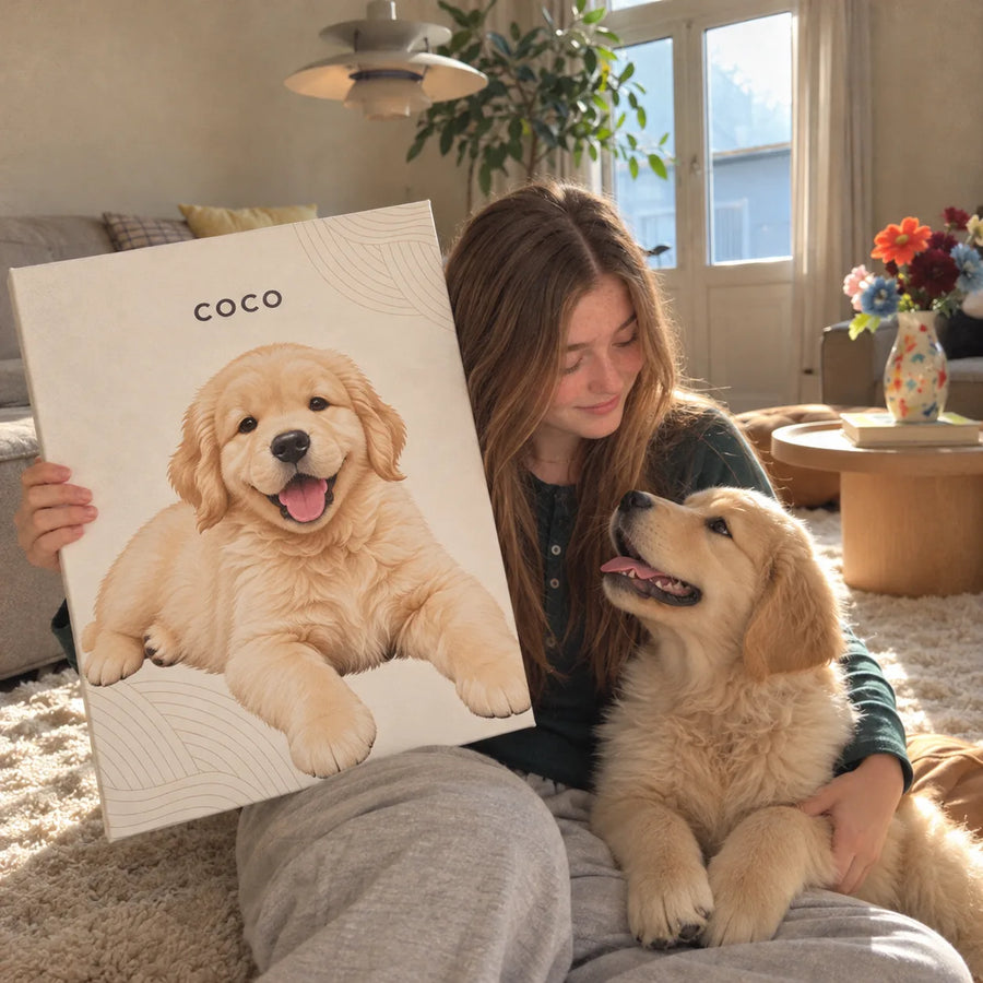 A young woman holds a canvas portrait of a golden puppy while the real puppy looks up at her on a cozy rug.
