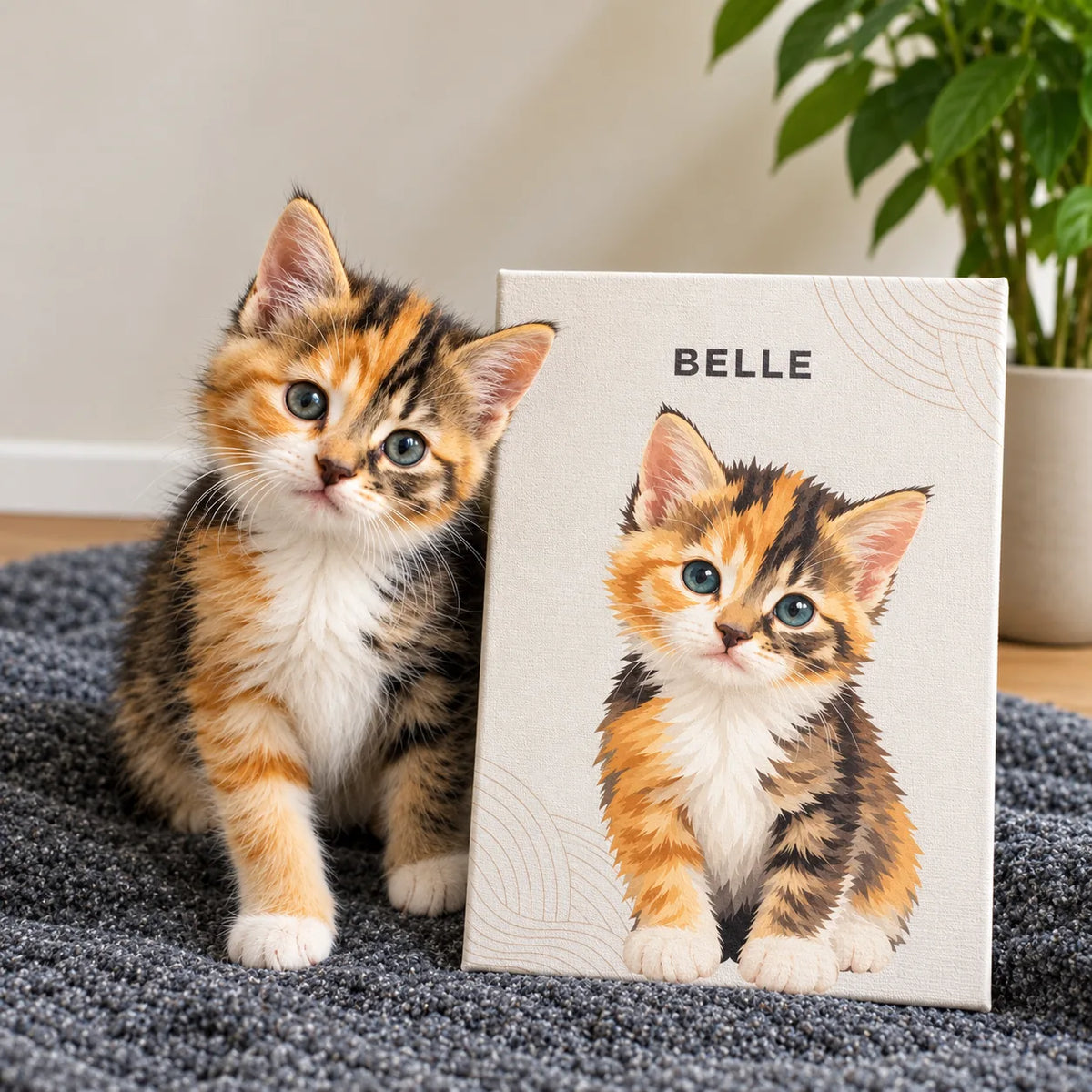 A calico kitten sits beside its own canvas portrait on a soft gray rug.
